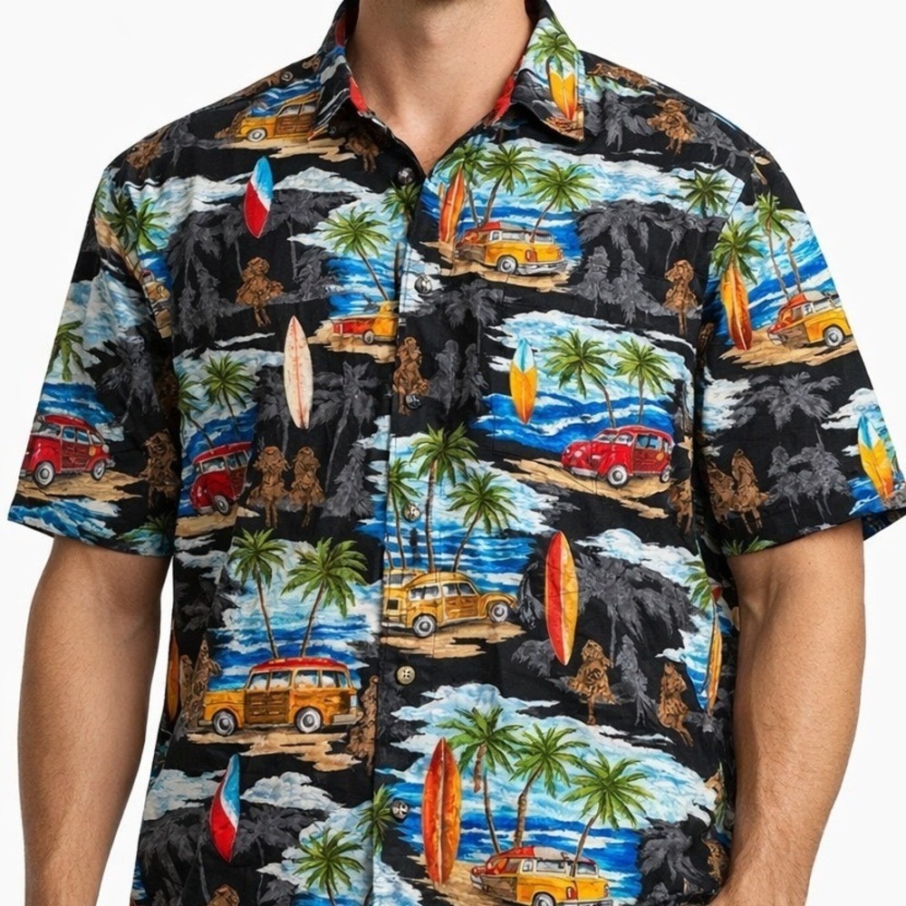 Pacific Legend Hawaiian Shirt Mens 2XL Black Woody Surf Tropical Cotton Aloha SS